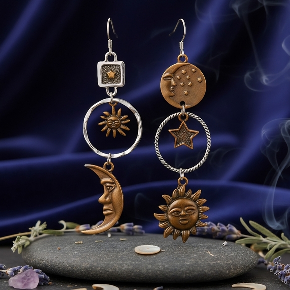 🆕️Boho Chic Sun Moon Star Asymmetrical Dangle Earrings | Celestial Vibes - Picture 1 of 9